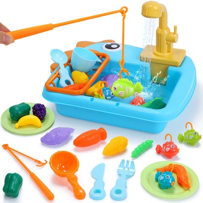 Skirfy Kitchen Play Sink Toys, Dinosaur Electronic Dishwasher Sink with Running Water, Fishing Game Toys and Play Food