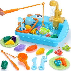 Skirfy Kitchen Play Sink Toys, Dinosaur Electronic Dishwasher Sink with Running Water, Fishing Game Toys and Play Food - 1 of 4