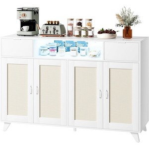 47" Rattan Sideboard,4 Doors & 2 Drawers w/LED Lights, Power Outlet, Adjustable Shelves - Wooden Accent Storage for Living Room, Dining Room, White - 1 of 4