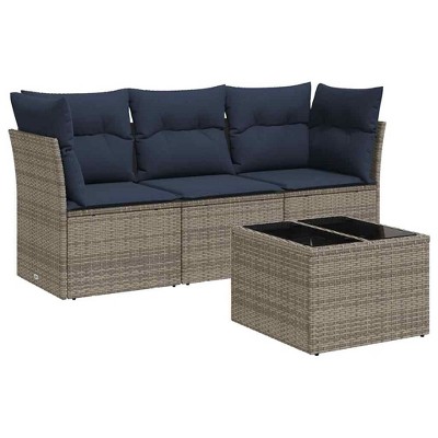 vidaXL 4 Piece Patio Sofa Set with Cushions Gray and Navy Blue Poly Rattan - With Table