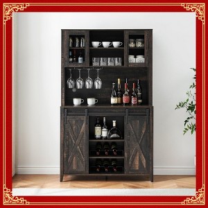 Garvee Black 70-Inch Farmhouse Bar Wine Cabinet with Sliding Barn Doors, Ample Storage Space, Wine & Glass Racks - Versatile Coffee - 1 of 4