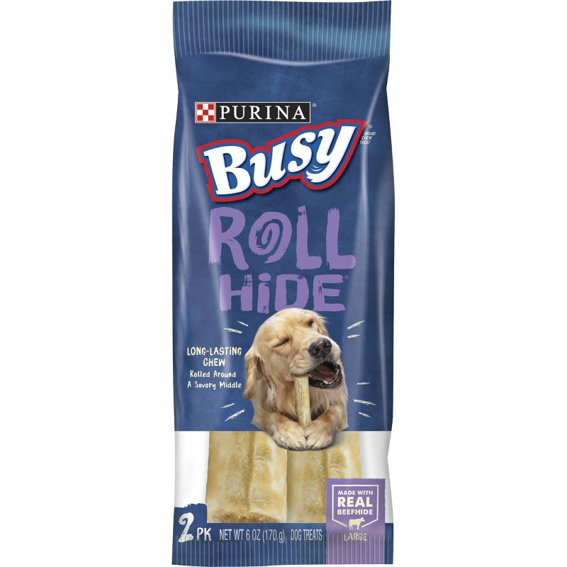 Purina Busy Beef Rawhide Large Breed Dog Bones Rollhide Dog Treats - 2ct Pouch/6oz, 1 of 8
