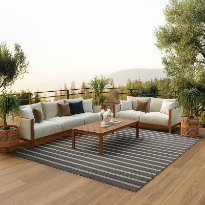Charcoal Ivory Striped Flatweave 8' x 10' Outdoor Rug