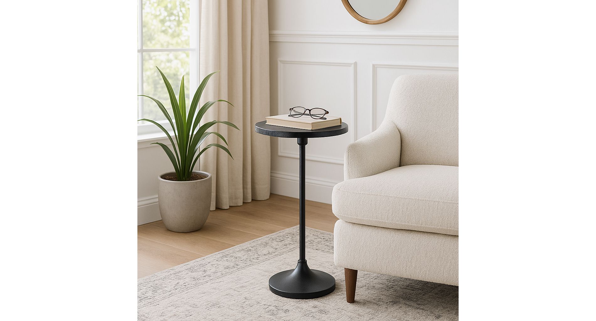Elegant End Table, Side Table, or Small Night Stand for Room Decor - Slim Metal Drink Table with Marble Top and Trumpet Base