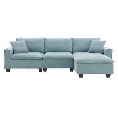 NicBex Velvet L-Shaped Convertible Sectional Sofa with 2 Pillows and Removable Ottoman for Living Room,Apartment,Office,Blue