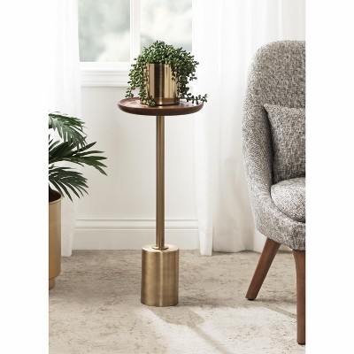 Walnut Brown and Antique Brass Round Wood and Metal Drink Table