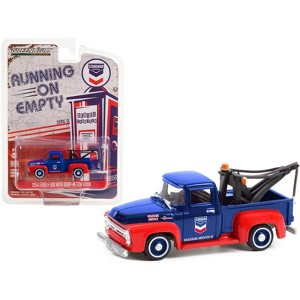1954 Ford F-100 Tow Truck w/ Drop-in Tow Hook "Standard Oil" Blue & Matt Red "Running on Empty" 1/64 Diecast Car by Greenlight - 1 of 3