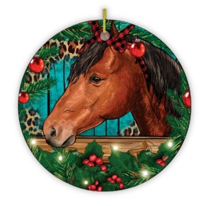 Elegant Brown Horse in Christmas Wreath Ornament| OrnamentallyYou - 1 of 4