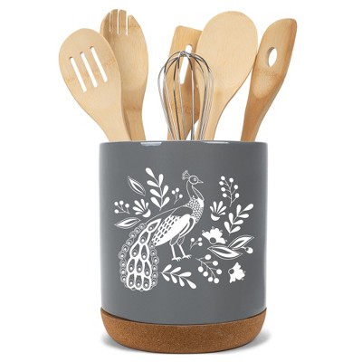 Elanze Designs 8 inch Floral Peacock Large Ceramic Kitchen Utensil Holder Gray and White Crock with Cork Base