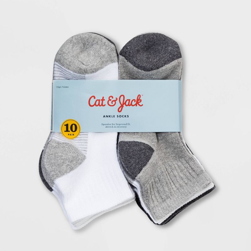 Boys' 10pk Ankle Socks - Cat & Jack™ White/Gray/Black, 2 of 3