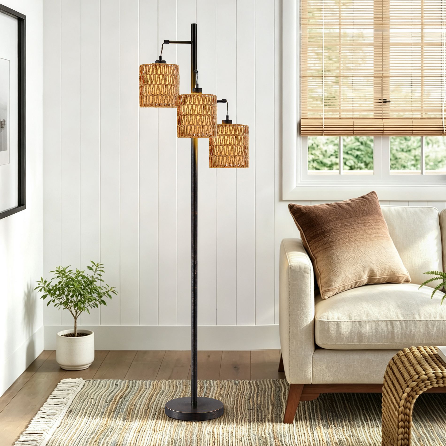 Maxax Black Arc Floor Lamp, 3 Light Woven Paper Rope Shade Floor Lamp for Living Room Reading Corner Bedroom