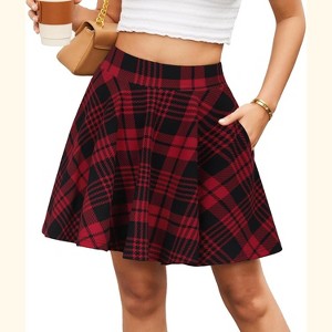 Women's High Waist Flared Mini Skater Skirt - Versatile Casual with Pockets Red Plaid - 1 of 4