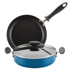 Farberware 3pc Nonstick Aluminum Reliance Covered Sauteuse and Open Skillet Cookware Set Teal, Blue