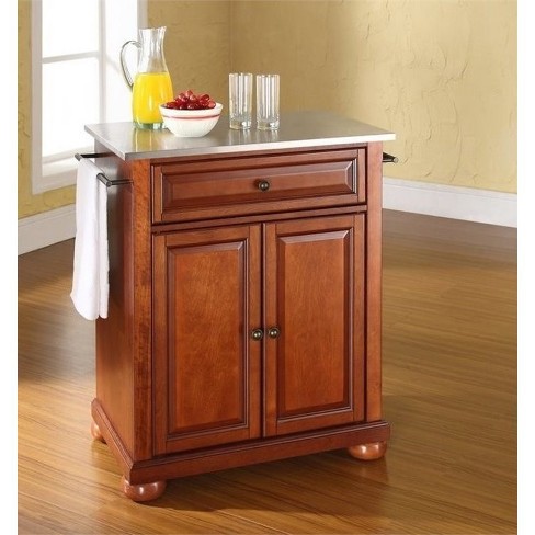 Wood Stainless Steel Top Kitchen Island In Cherry Brown Bowery