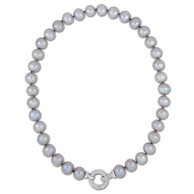 EVERLY JEWELRY | Sterling Silver 12-13 MM Vivid Grey Cultured Freshwater Pearl and Cubic Zirconia Necklace - 18 inch