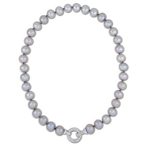 EVERLY JEWELRY | Sterling Silver 12-13 MM Vivid Grey Cultured Freshwater Pearl and Cubic Zirconia Necklace - 18 inch - 1 of 4