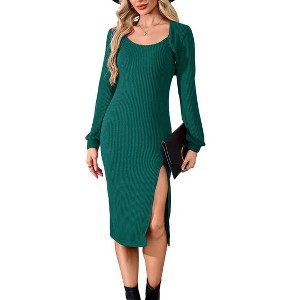 Women's Spring Fall Slit Hem Long Sleeve Ribbed Knit Dresses Square Neck Sweater Dress - 1 of 4