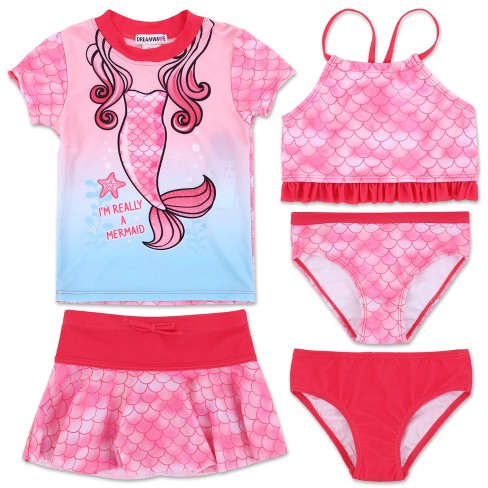 Girls Swim Set With Long Sleeve Rash Guard, Swim Shorts, And