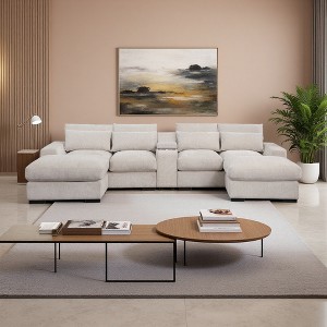 U-Shaped Flannel Velvet Sectional Sofa with Cupholder Console & Ottomans - 1 of 4