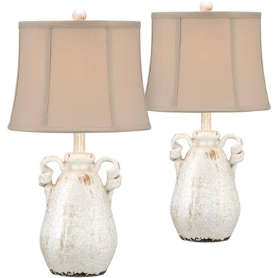 Regency Hill Cottage Table Lamps Set of 2 Ceramic Crackled Farmhouse Ivory Jar Beige Bell Shade for Living Room Family Bedroom