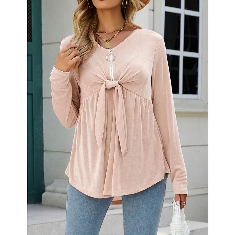 Women's V Neck Blouse Half Zip up Casual Tunic Shirts Babydoll Chest Tie Knot Shirts Ruched Flowy Hem Tunic Tops, 3 of 7