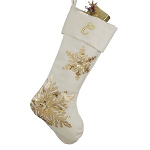 Personalization Mall Snowflake Embroidered Initial Ivory Christmas Stockings - 1 of 2