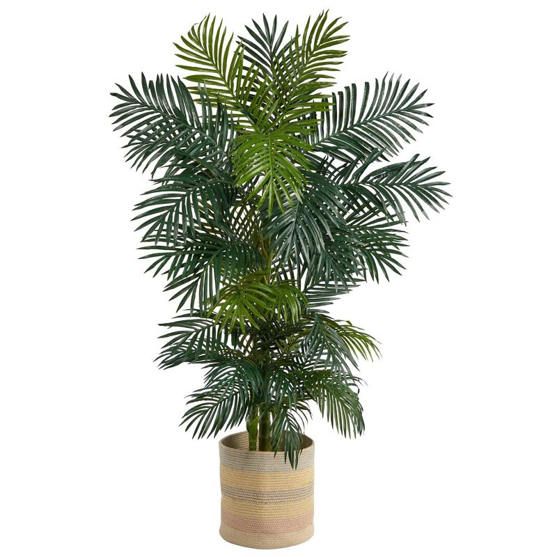 Nearly Natural 6.5-ft Golden Cane Artificial Palm Tree in Handmade Natural Cotton Multicolored Woven Planter, 1 of 5