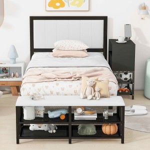 MAYEERTY Full Size Metal Platform Bed, Two-Tier Storage Shelves Wooden Cabinet, Bedroom, Black - 1 of 4