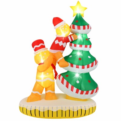 Gymax 7' Inflatable Gingerbread Men and Xmas Tree w/ 7 Built-in LED Lights & Internal Fan Perfect for Yard Garden & Front Porch