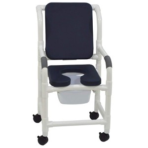 MJM International Corporation Shower Chair 18 In Internal Width Blue Open Front Seat Blue Cushion Padded Back 10 Qt Slide Out Commode Pail 300 Lbs Wt - 1 of 1