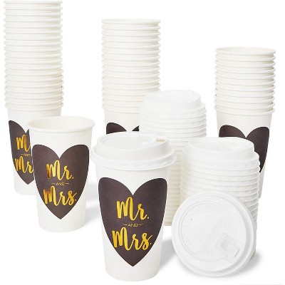 Sparkle and Bash 48-Pack Mr and Mrs Insulated Disposable Coffee Cups with Lids, 16oz Paper Hot Cup to Go