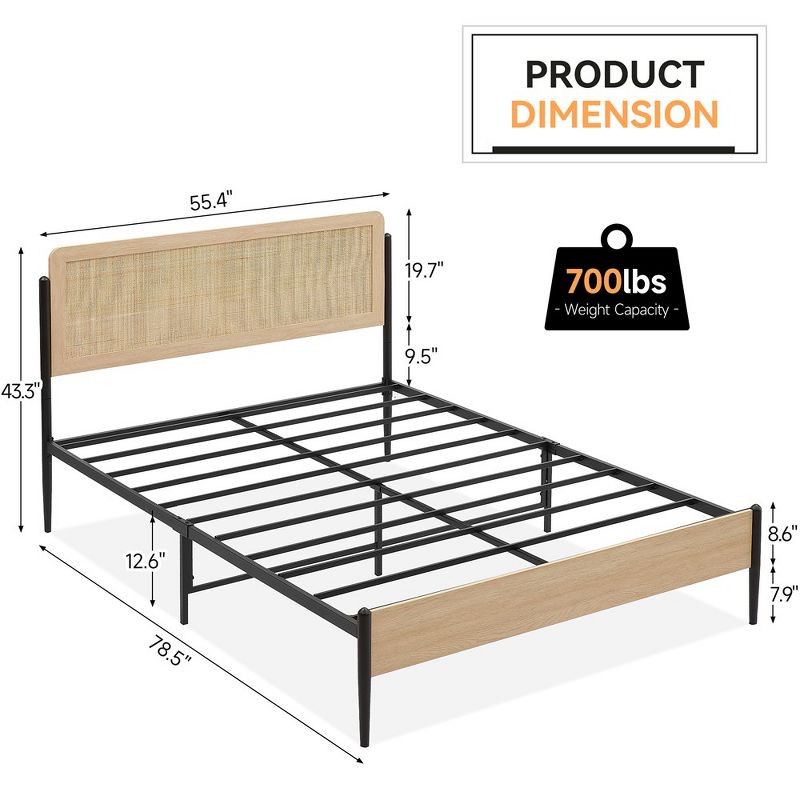 Full Queen Size Bed Frame with Rattan Headboard, Platform Bed Frame with Safe Rounded Corners, Strong Metal Slats Support, No Box Spring Needed, White Oak, 2 of 9