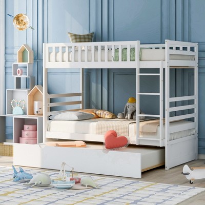 Twin Over Twin Wood Bunk Bed With Safety Rail And Movable Trundle White ...