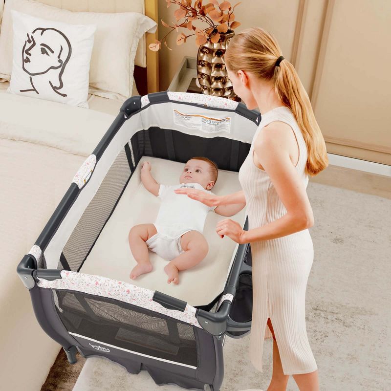 Babyjoy Pack & Play Baby Diaper Changing Table 4 in 1 Portable Foldable with Mattress Carrying Bag Black/Grey/Black+Pink, 2 of 9
