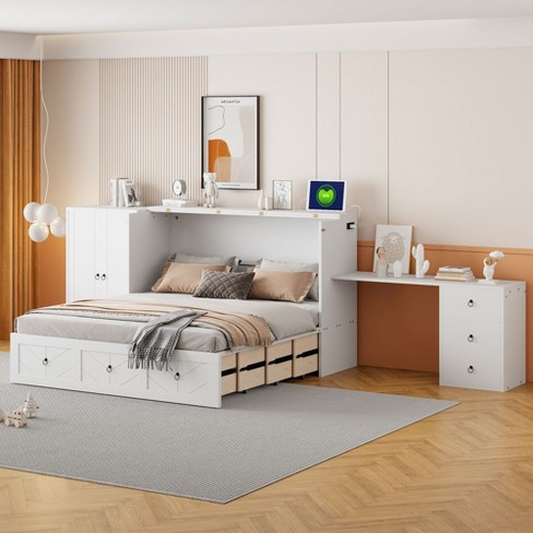 Queen Size Murphy Bed with USB Port, Large Drawer, Wardrobe and Desk Combo - ModernLuxe - image 1 of 4