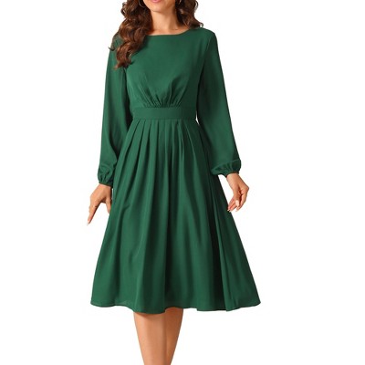 Seta T Women's Long Sleeve Crewneck Casual Dress High Waist Pleated A Line Flowy Dress