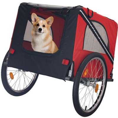 Akoasm Foldable Bicycle Trailer With Entrances Breathable Mesh Cart,Safety Flag,Reflectors And Wheels For Medium And Small Dogs-Red+Black