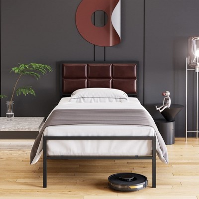 Homhougo Full Size Bed Frame, Faux Leather Platform Bed Frame with Upholstered Square Stitched Headboard Brown