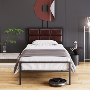 Homhougo Full Size Bed Frame, Faux Leather Platform Bed Frame with Upholstered Square Stitched Headboard Brown - 1 of 4