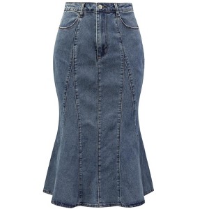 INSPIRE CHIC Women's High Waist Fishtail Ruffle Denim Jean Skirt - 1 of 4