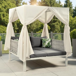 Outdoor Patio Rattan Canopy Daybed Sunbed with Curtain and Woven Rope Arm - 1 of 4