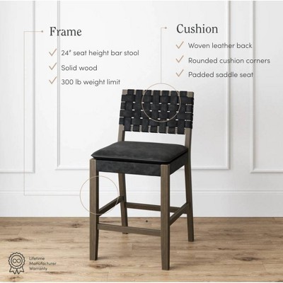 Cohen Black Faux Leather Saddle Counter Stools with Wood Frame, Set of 2