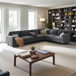 133.4" Corduroy L-Shaped Modular Sectional Sofa with Console & USB - 1 of 4
