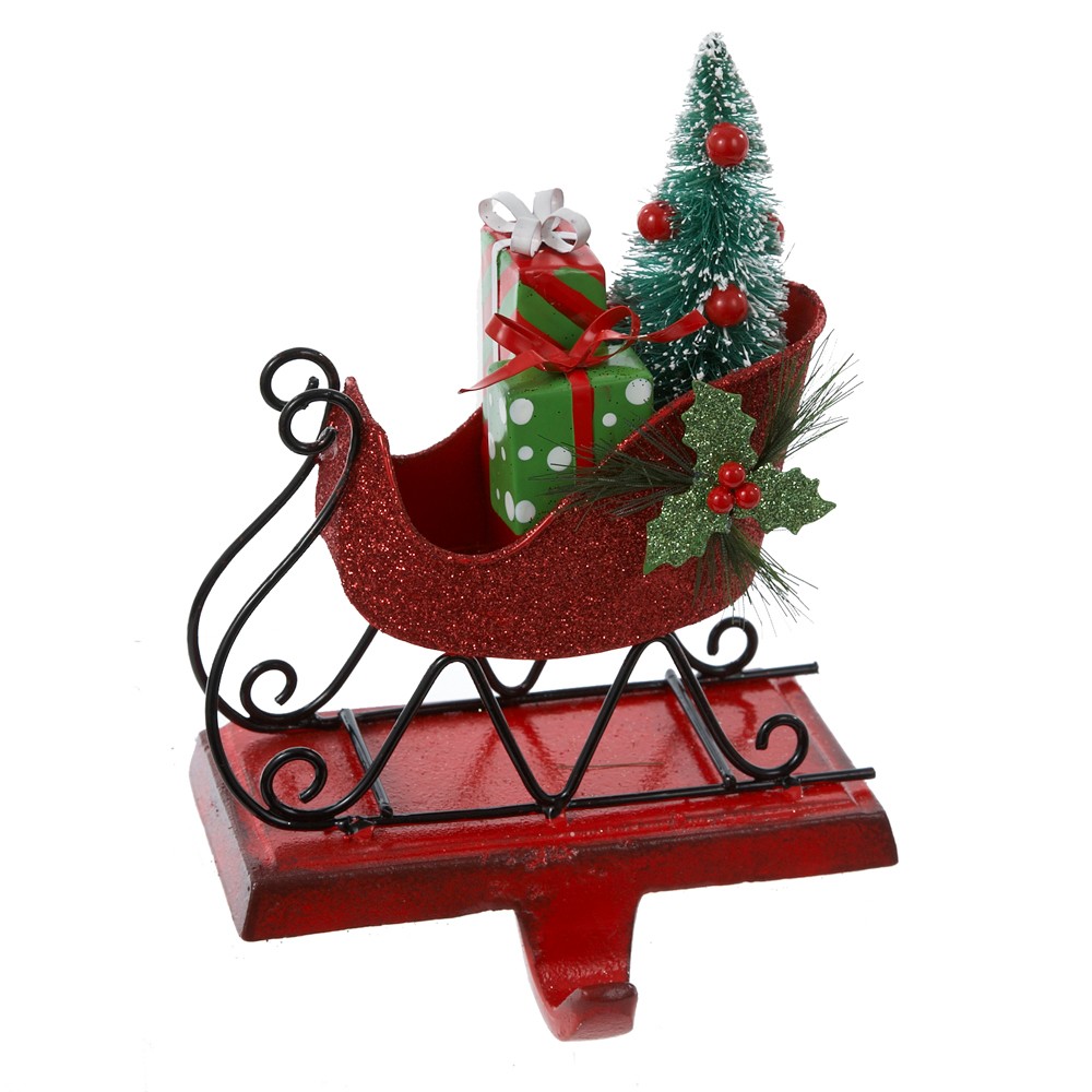 UPC 086131249266 product image for Tin Red Glitter Sleigh Christmas Stocking Holder, Multi-Colored | upcitemdb.com