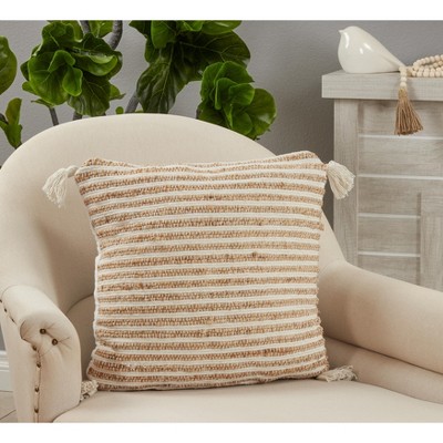Beige and White Striped Cotton Tassel Throw Pillow