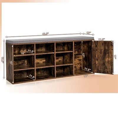 Rustic Brown Shoe Bench with Padded Cushion and Storage