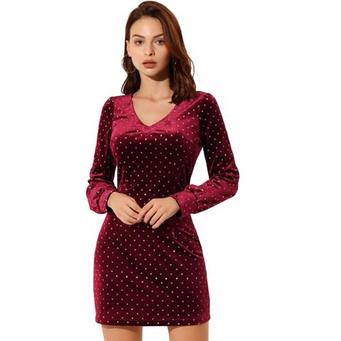 Женские платья INSPIRE CHIC Women's Glitter Party V Neck Velvet Bodycon Casual Mini Dress Burgundy Small