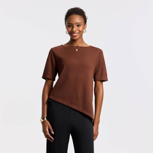Women's Short Sleeve Asymmetrical Knit Top - A New Day™ Brown M