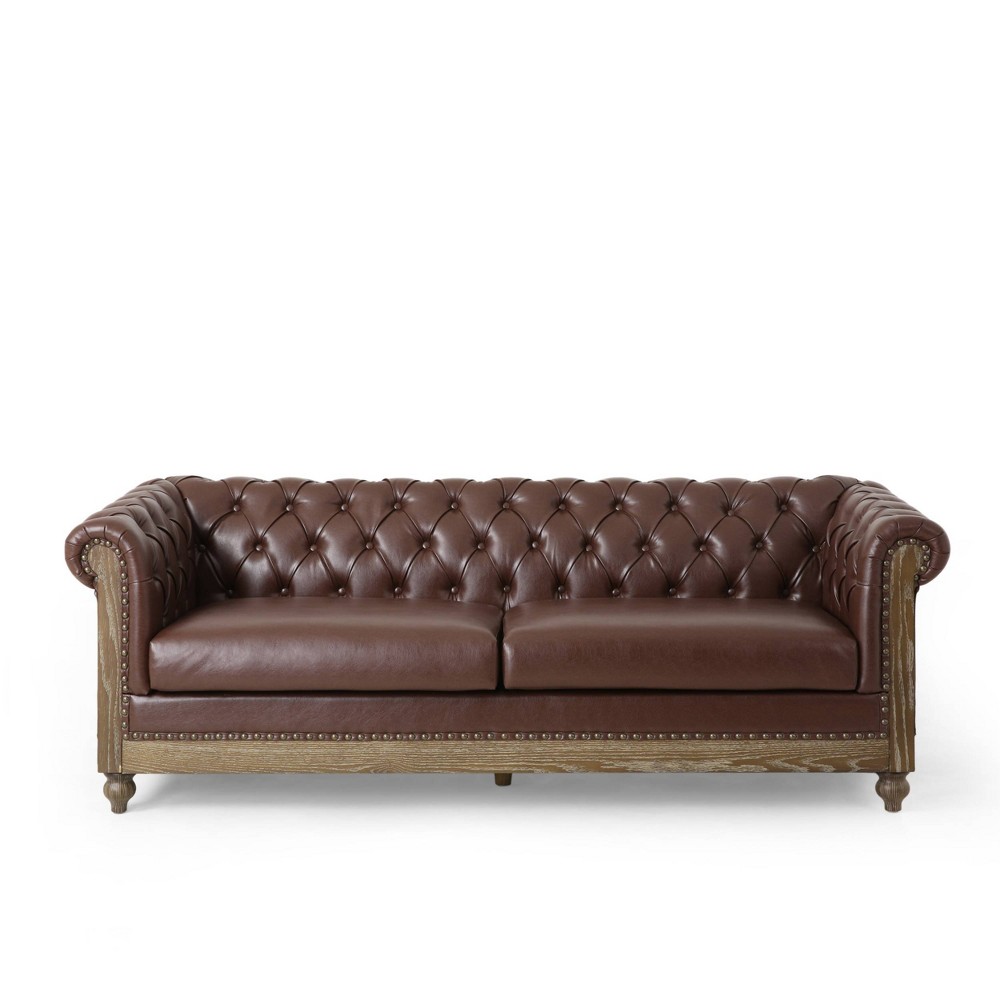 Castalia Chesterfield Tufted 3 Seater Sofa with Nailhead Trim Dark Brown/Natural - Christopher Knight Home