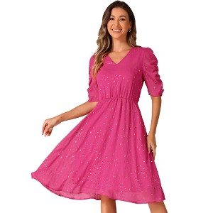 Allegra K Women's Metallic Stars Ruched Sleeve Elastic Waist V Neck A-line Dress - 1 of 4
